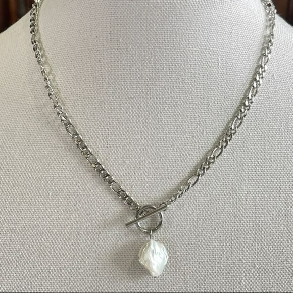 NEW Silver Plated Chain Link Baroque Freshwater Pearl Pendant Necklace 17.5in - Picture 6 of 7